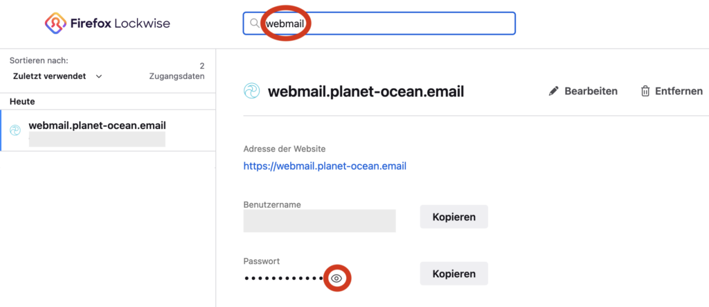 Wo finde ich mein gespeichertes Passwort der Webmail-Seite im Browser (Firefox)?
